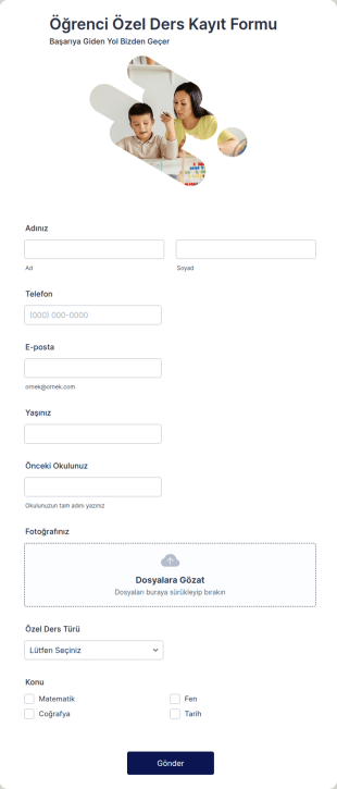 Öğrenci Özel Ders Kayıt Form Şablonu
