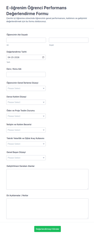 Öğrenci Performans Değerlendirme Anketi Form Şablonu