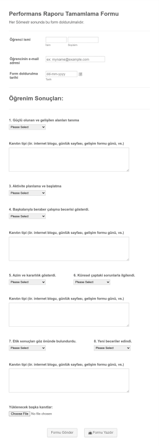 Öğrenci Performans Değerlendirmesi Form Template
