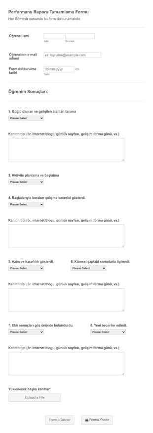 Öğrenci Performans Değerlendirmesi Form Şablonu