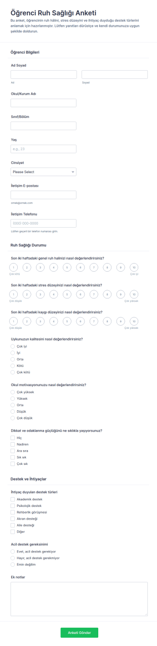 Öğrenci Ruh Sağlığı Anketi Form Şablonu