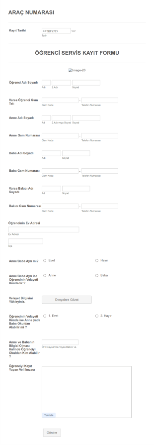 Öğrenci Servis Kayıt Form Şablonu