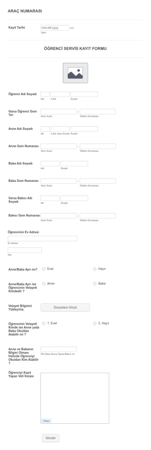 Öğrenci Servis Kayıt Form Şablonu