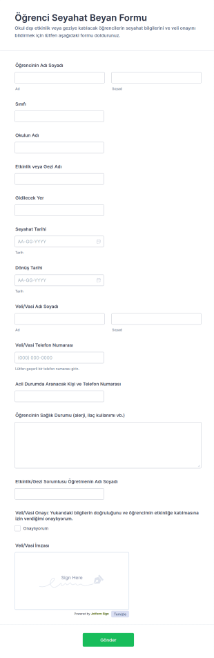 Öğrenci Seyahat Beyan Form Şablonu