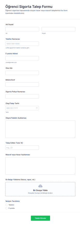 Öğrenci Sigorta Talep Form Şablonu