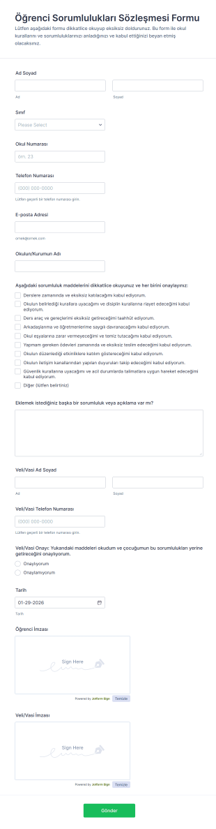 Öğrenci Sorumlulukları Sözleşmesi Form Şablonu