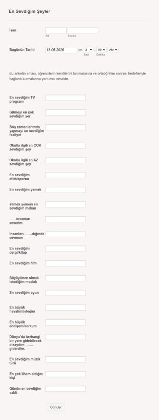 Öğrenci Tanıma Anketi Form Şablonu