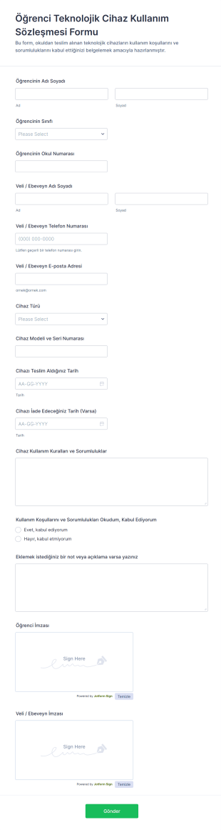Öğrenci Teknolojik Cihaz Kullanım Sözleşmesi Form Şablonu