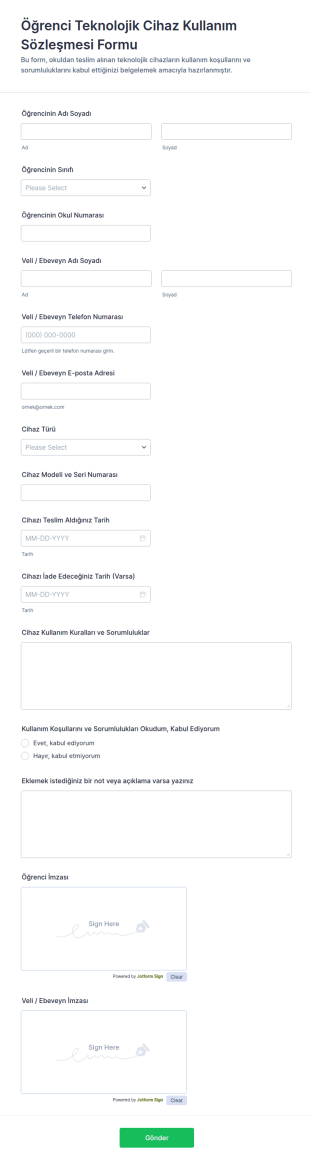 Öğrenci Teknolojik Cihaz Kullanım Sözleşmesi Form Şablonu