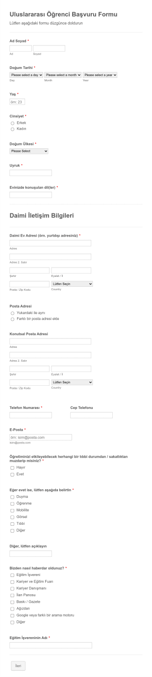 Uluslararası Öğrenci Başvuru Form Template
