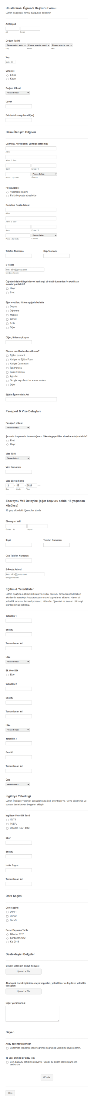 Uluslararası Öğrenci Başvuru Form Şablonu