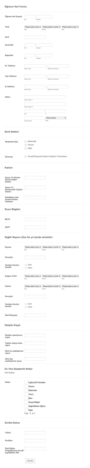 Öğrenci Veri Form Şablonu