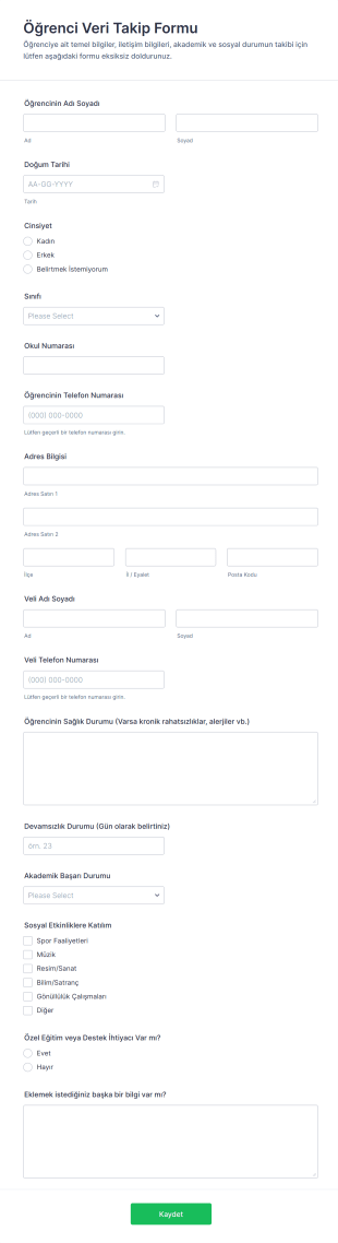 Öğrenci Veri Takip Form Şablonu
