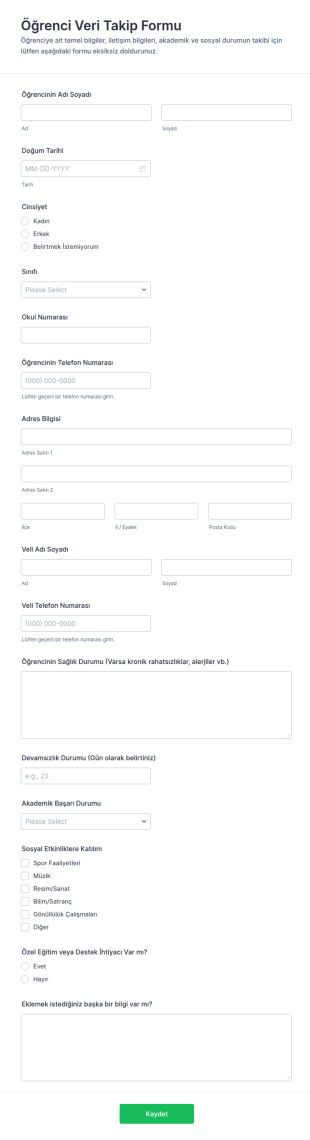Öğrenci Veri Takip Form Şablonu
