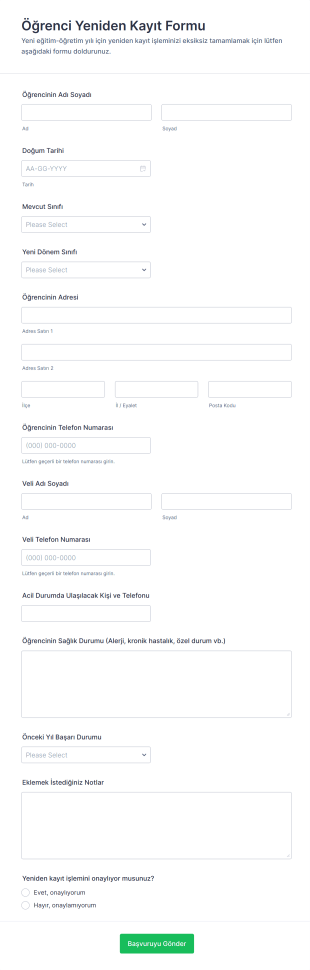 Öğrenci Yeniden Kayıt Form Şablonu