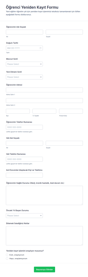 Öğrenci Yeniden Kayıt Form Şablonu