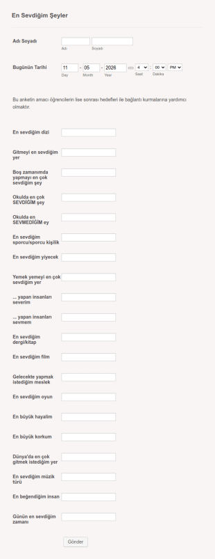 Öğrenciler Için En Sevdiğiniz Şeyler Anketi Form Şablonu