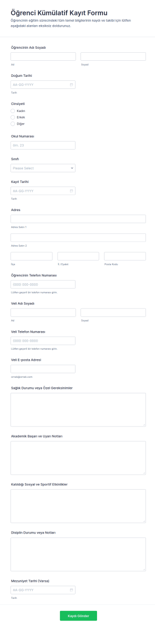 Öğrencilerin Kümülatif Kayıt Form Şablonu