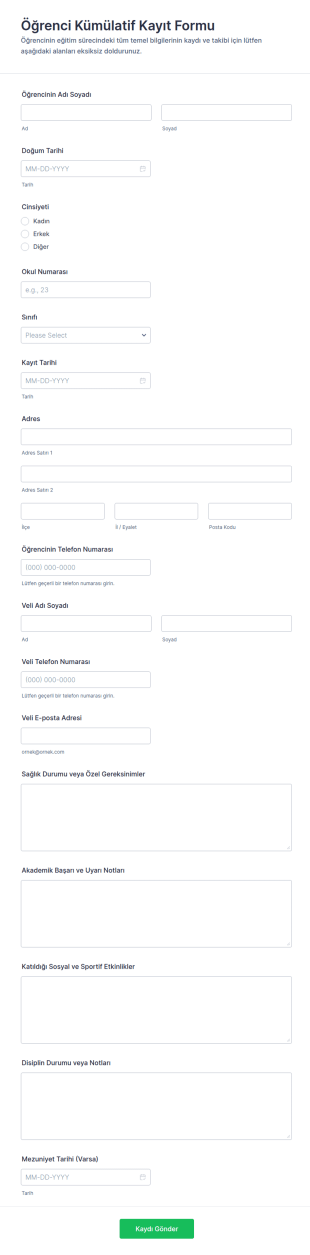 Öğrencilerin Kümülatif Kayıt Form Şablonu