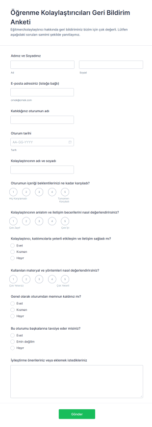 Öğrenme Kolaylaştırıcıları Geri Bildirim Anketi Form Şablonu