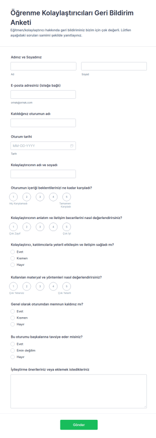 Öğrenme Kolaylaştırıcıları Geri Bildirim Anketi Form Şablonu