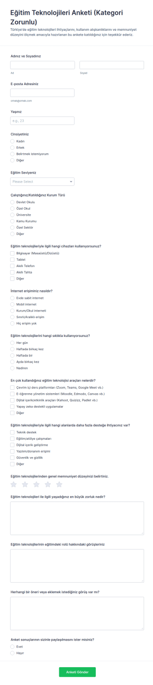 Öğrenme Teknolojileri Anketi Form Şablonu
