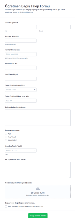 Öğretmen Bağış Talep Form Şablonu