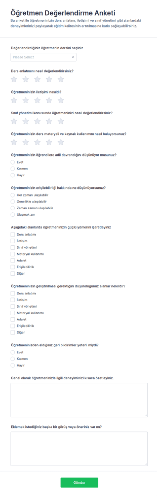 Öğretmen Değerlendirme Anketi 📋 Form Şablonu