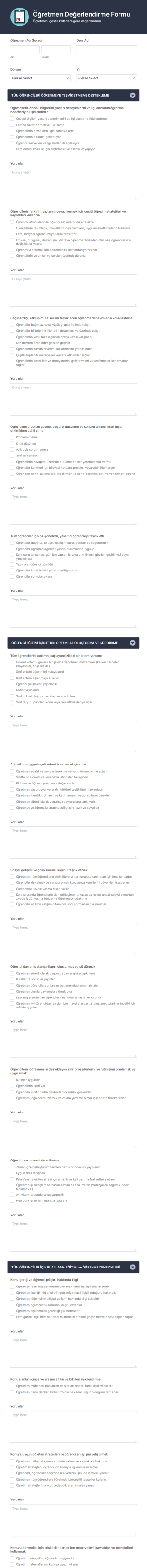 Öğretmen Değerlendirme Formu 1 Form Template