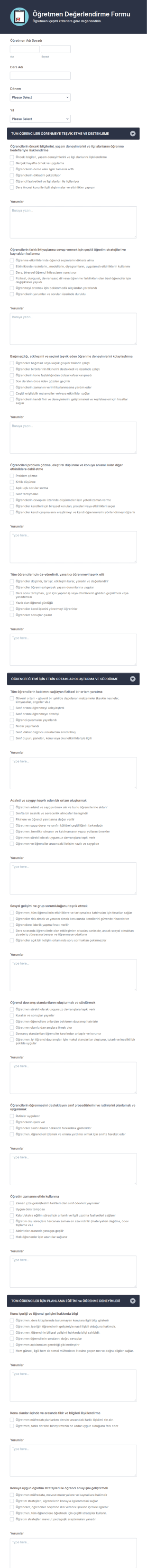 Öğretmen Değerlendirme Formu 1 Form Şablonu