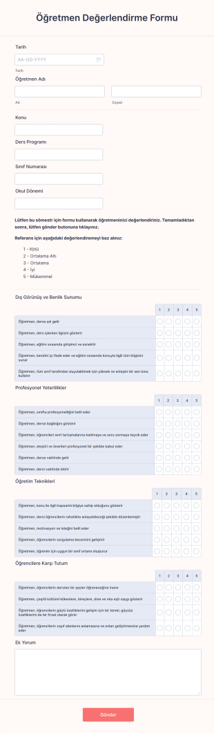 Öğretmen Değerlendirme Form Şablonu