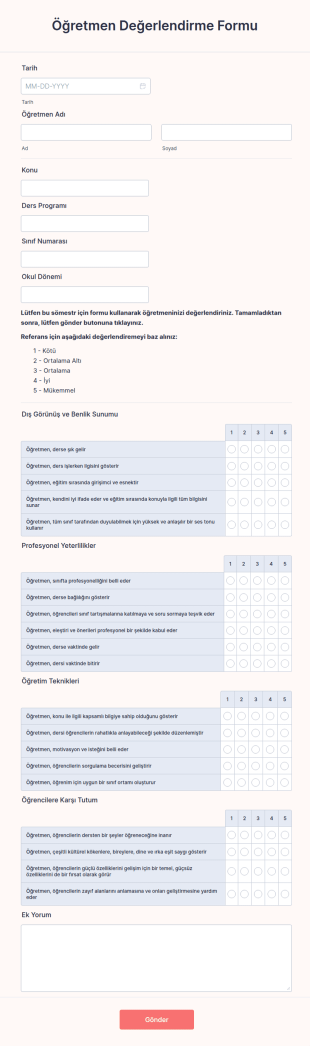 Öğretmen Değerlendirme Form Şablonu