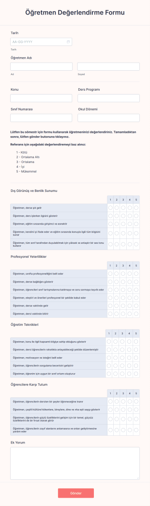 Öğretmen Değerlendirme Form Template