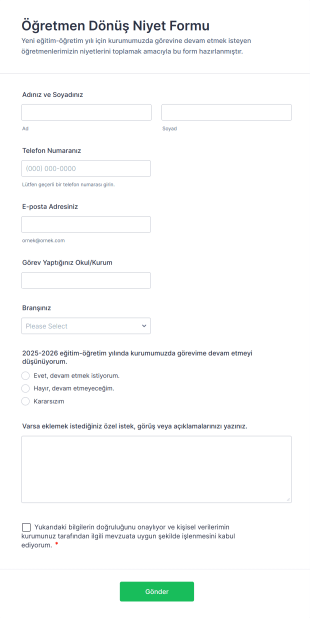 Öğretmen Dönüş Niyet Form Template