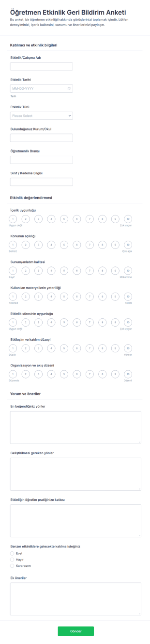 Öğretmen Etkinlik Geri Bildirim Anketi Form Şablonu