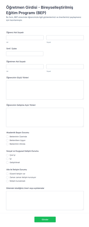 Öğretmen Girdisi Bireyselleştirilmiş Eğitim Programı (BEP) Form Template