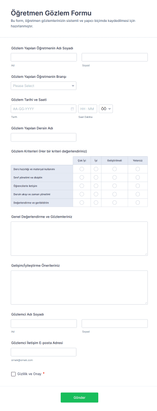 Öğretmen Gözlem Form Template