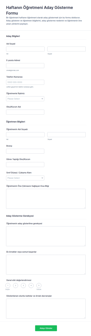 Öğretmen Haftası Aday Gösterme Anketi Form Şablonu