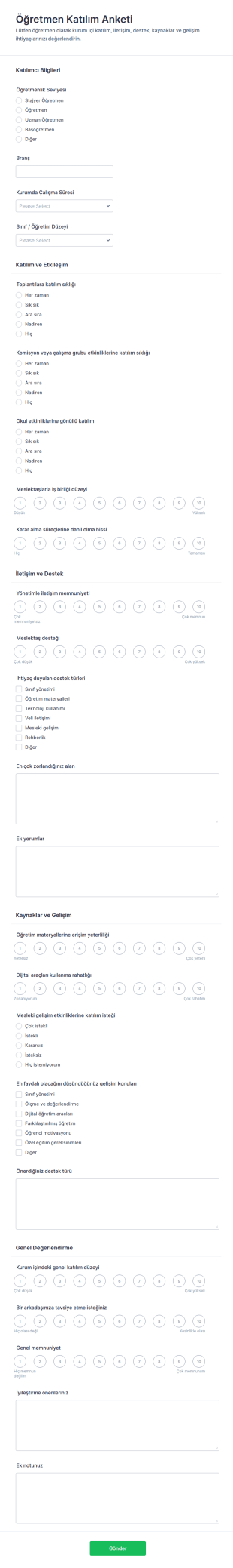 Öğretmen Katılım Anketi Form Şablonu