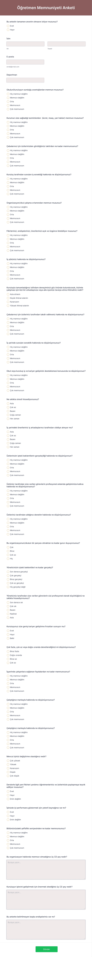 Öğretmen Memnuniyeti Anketi Form Şablonu