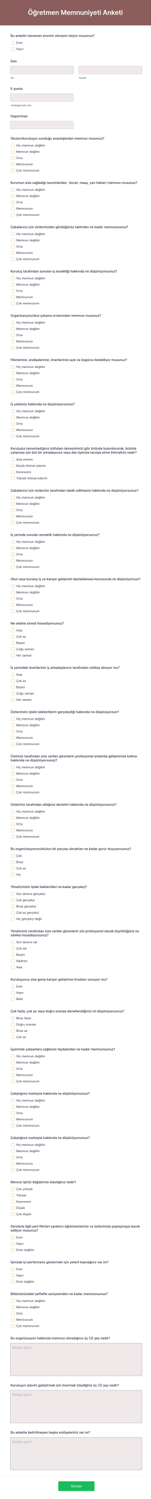 Öğretmen Memnuniyeti Anketi Form Şablonu