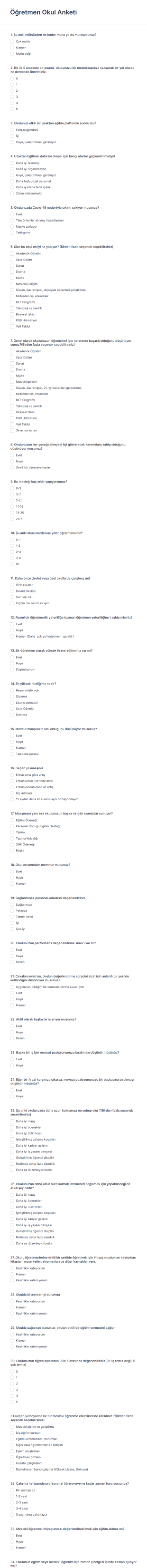 Öğretmen Okul Anketi Form Şablonu