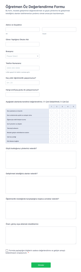 Öğretmen Öz Değerlendirme Form Şablonu
