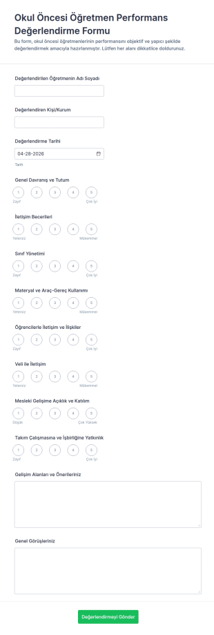 Öğretmen Performans Değerlendirme Anketi Form Şablonu