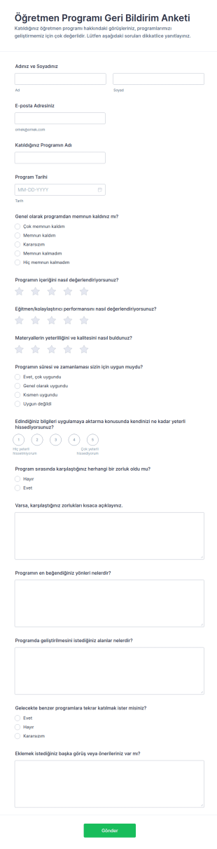 Öğretmen Programı Geri Bildirim Anketi Form Şablonu