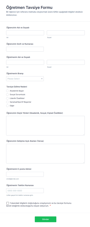 Öğretmen Tavsiye Form Template