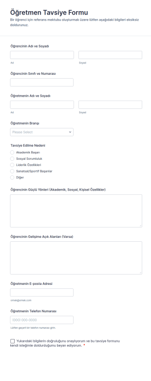 Öğretmen Tavsiye Form Şablonu