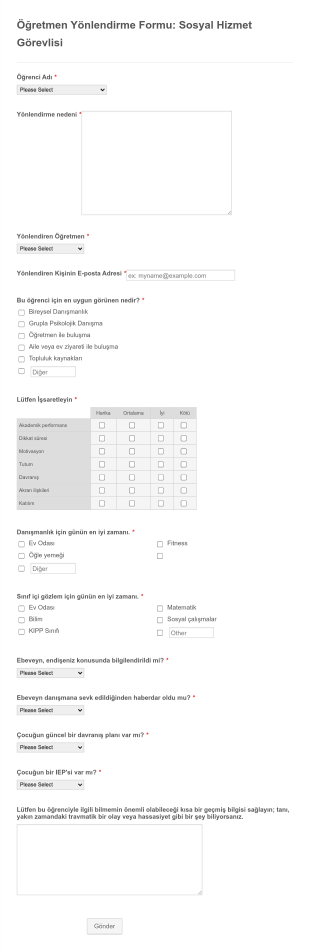 Öğretmen Yönlendirme Formu: Sosyal Hizmet Görevlisi Form Template