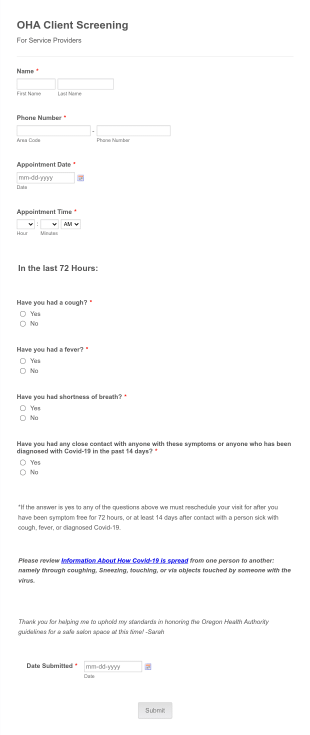 OHA Client Screening Form Template