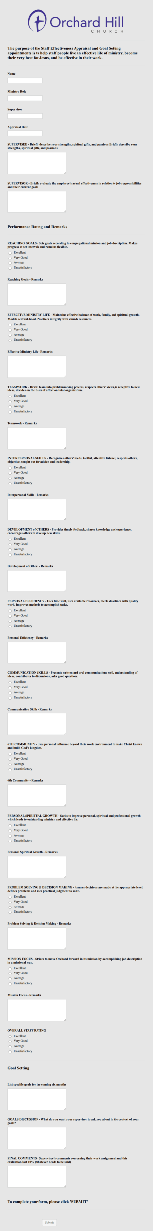 Ohc Staff Effectiveness Appraisal And Goal Setting Form Template